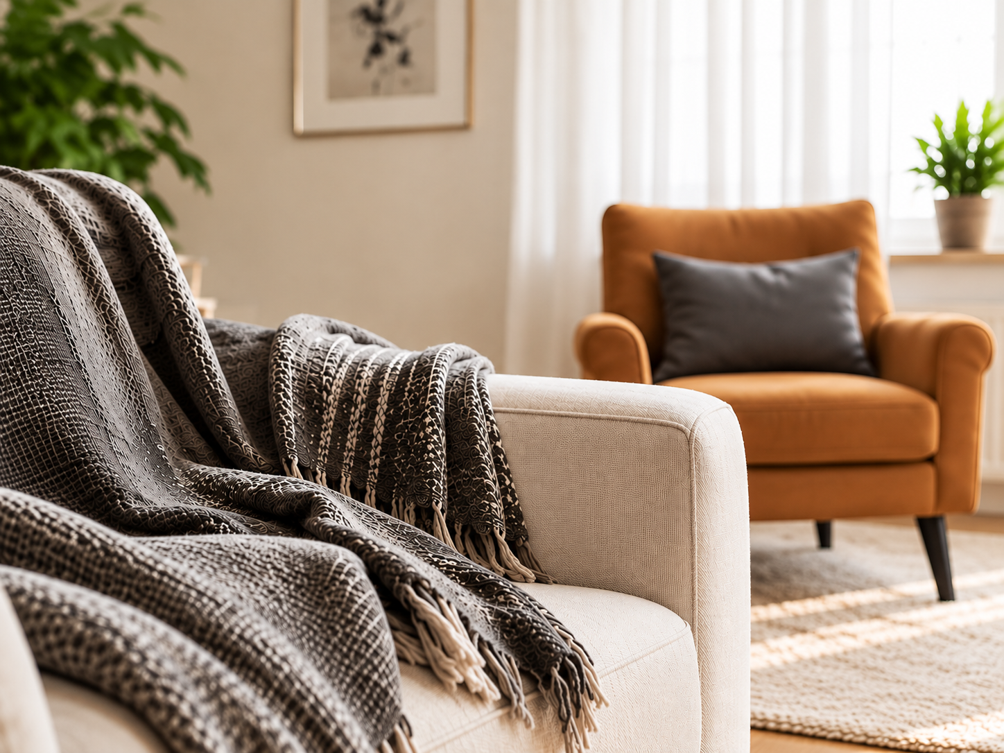 Wohnliche Umgebung mit Sofa und Decke